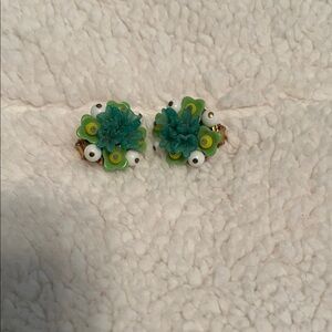 Vintage Floral Green and White Clip Earrings